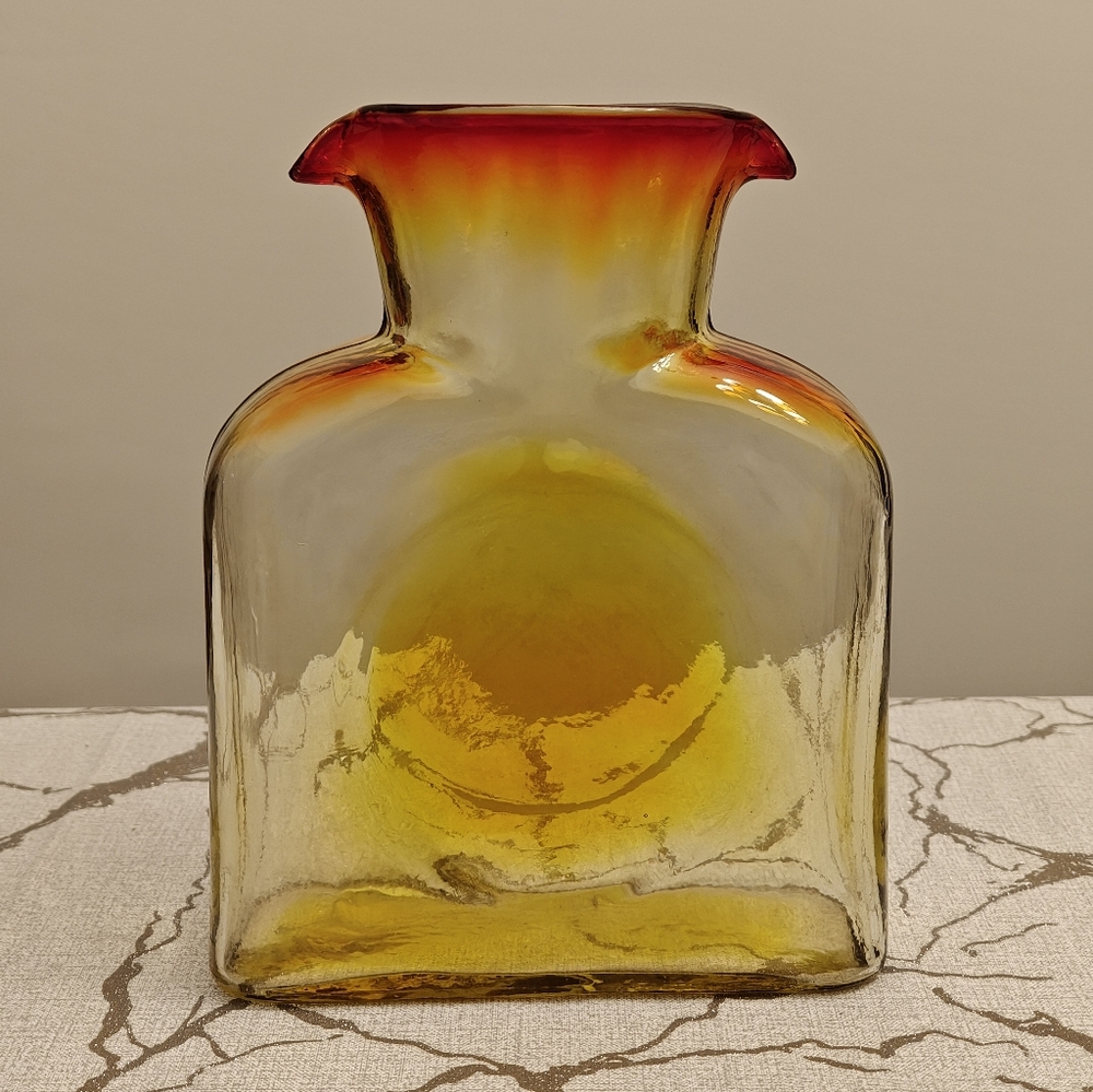 Vibrant Red and Yellow Blenko Glass Art Double Spout Water Bottle #384 Vase